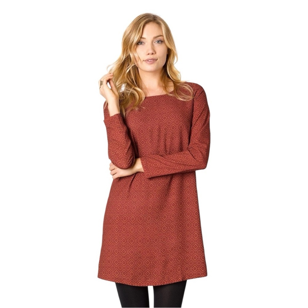 prAna Cece Long Sleeve Mini Dress Women's‎ Small Pomegranate Crepe Geo Print